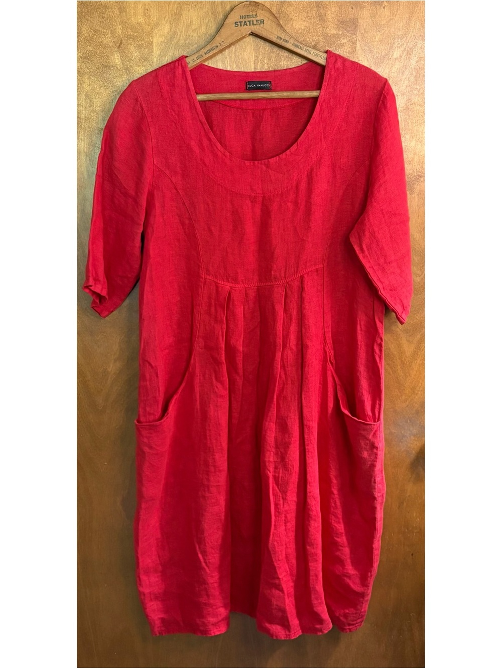 Luca Vanucci Red 100% Linen Midi Dress Pockets Lagenlook Beachy Italy Boho Retro